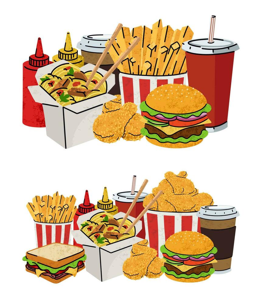 veloce cibo, cartone animato icone impostare, semplice piatto stile, strada alto caloria cibo illustrazione. vettore