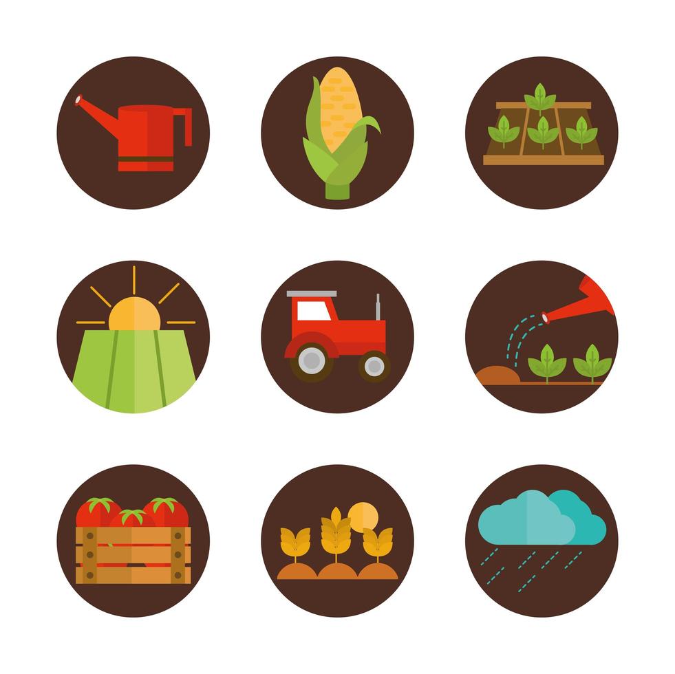 attrezzatura da lavoro agricola set di icone piatte e blocchi di cartoni animati agricoli vettore