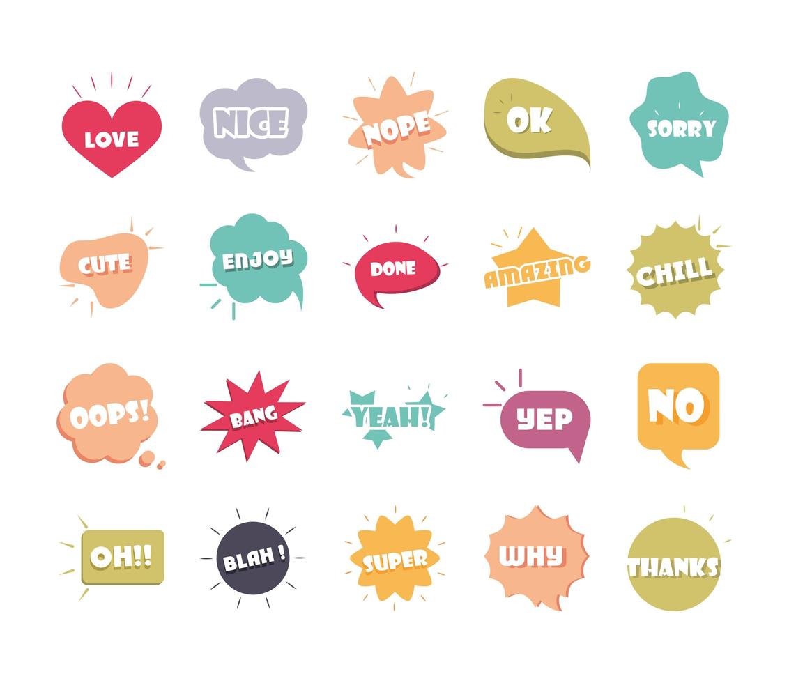 slang bolle parole e frasi diverse in cartoni animati multicolori amore super grazie set di icone piatte vettore