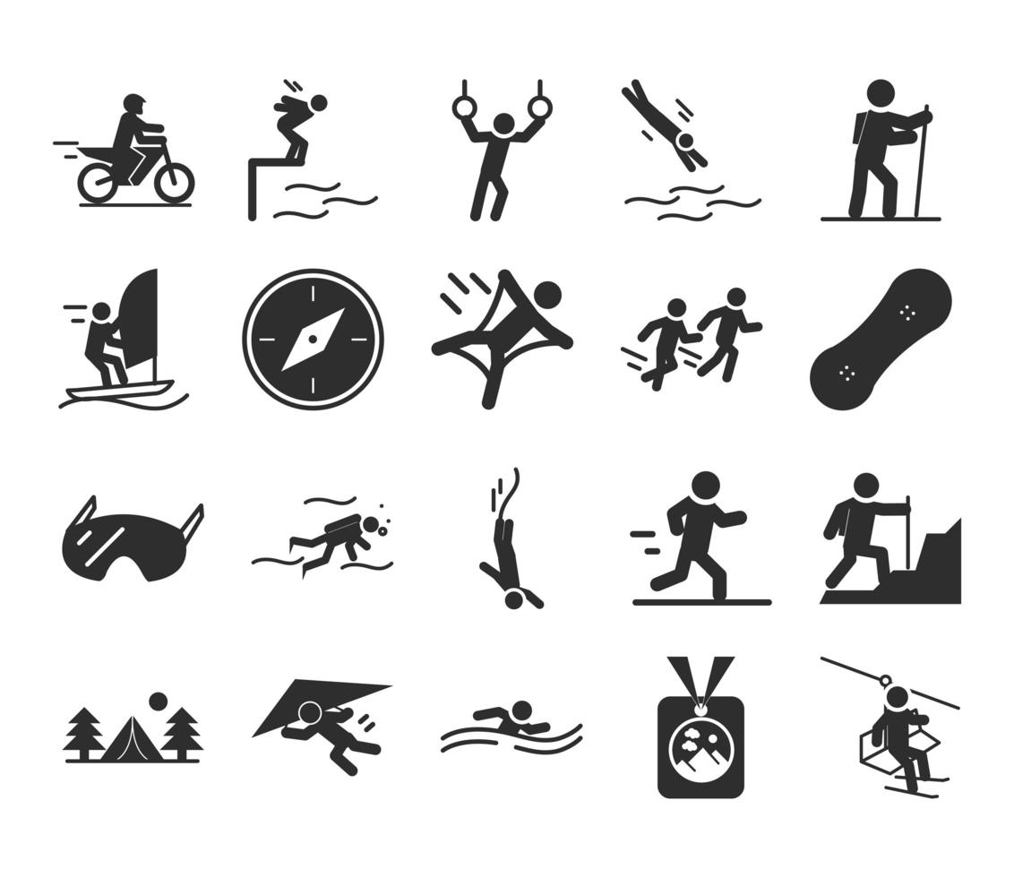 sport estremo stile di vita attivo nuotare corridore di motocross scalatore escursionismo immersioni silhouette icone set design vettore