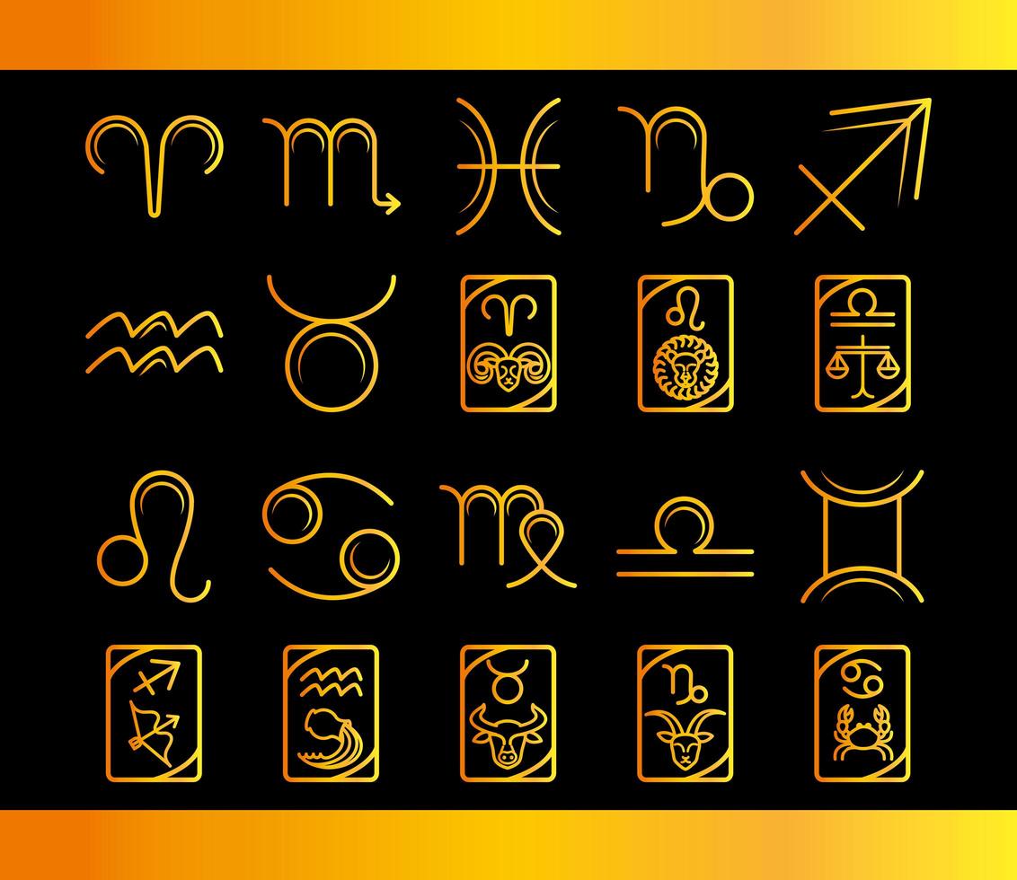 zodiaco astrologia oroscopo calendario costellazione sagittario toro leone bilancia icone collezione gradiente stile sfondo nero vettore