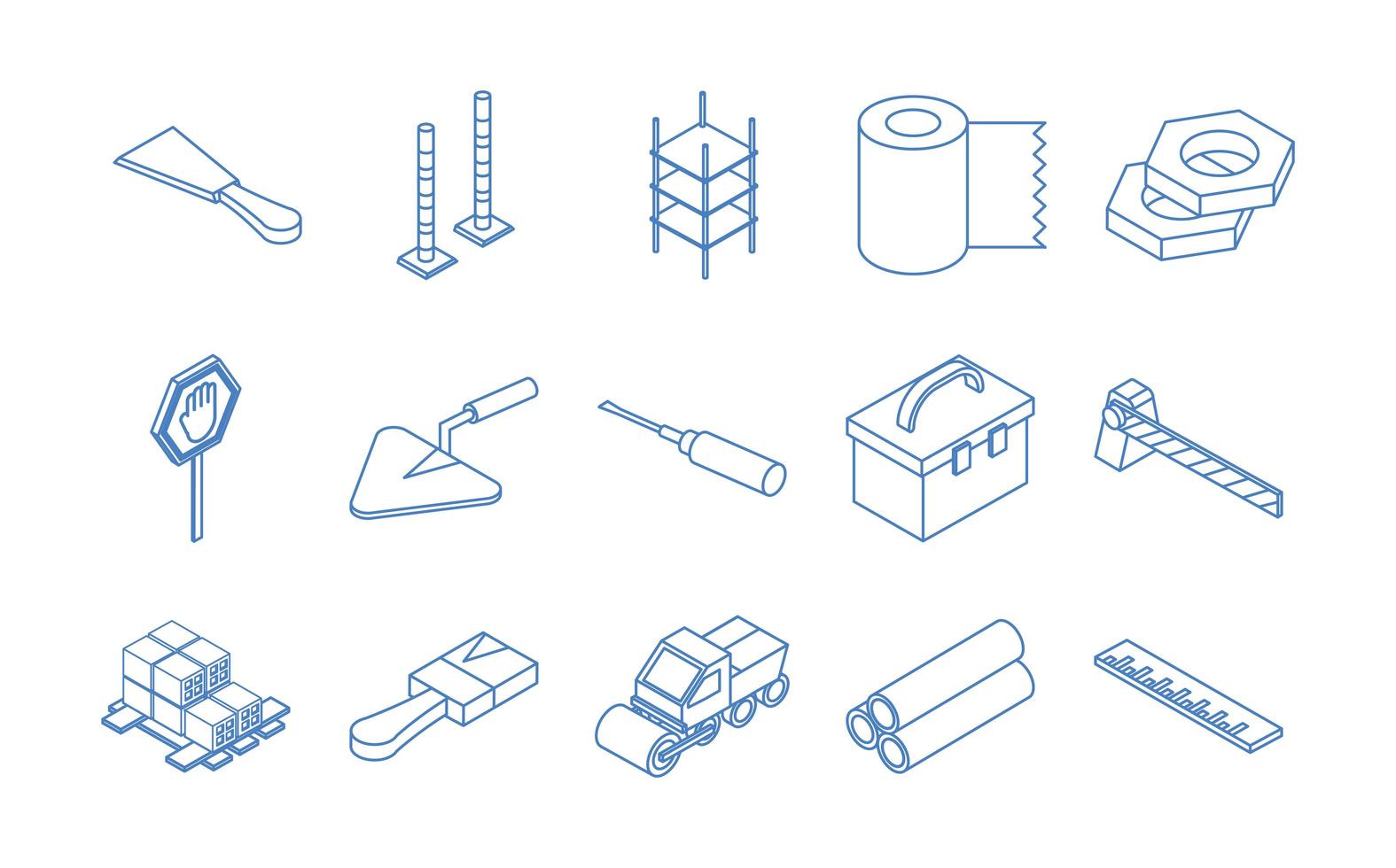 set di icone di stile piatto per la costruzione di riparazione isometrica strumento e attrezzatura per carriola spatola sega per camion pala vettore