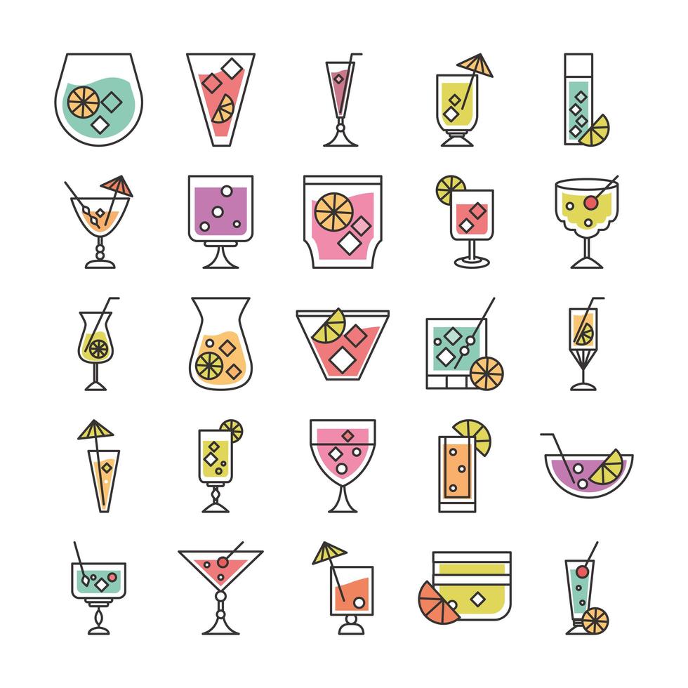 icona cocktail bevanda liquore alcol tazze di vetro fresco set di icone per feste vettore