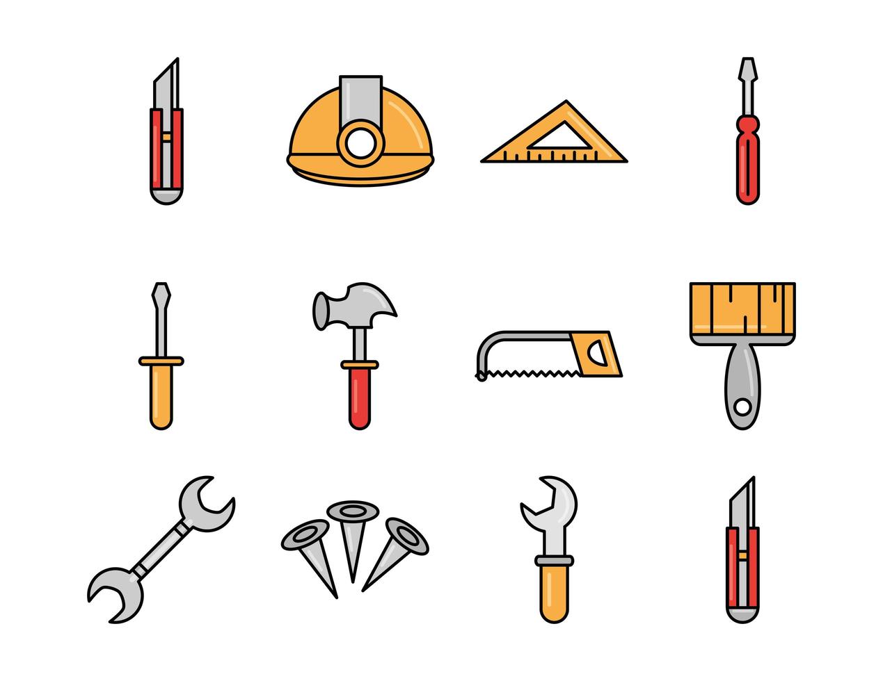le icone delle attrezzature per la riparazione e la manutenzione degli strumenti per l'edilizia impostano la linea e il riempimento vettore