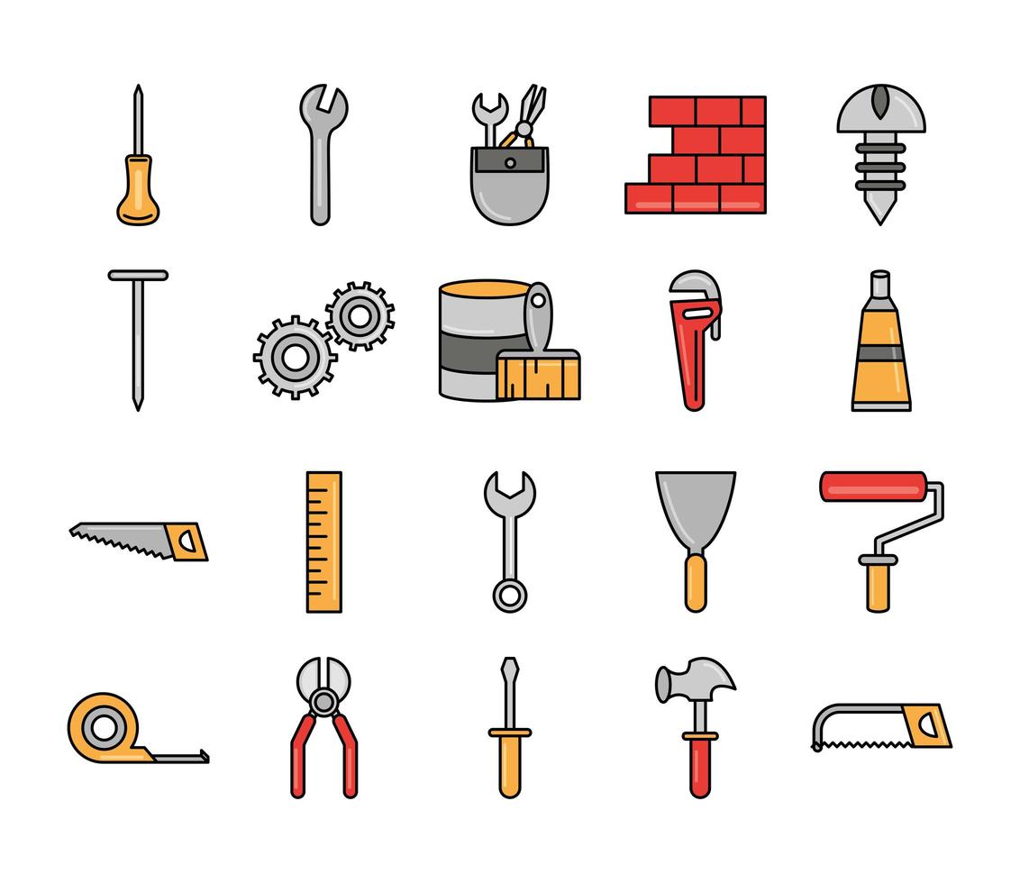 le icone delle attrezzature per la riparazione e la manutenzione degli strumenti per l'edilizia impostano la linea e il riempimento vettore