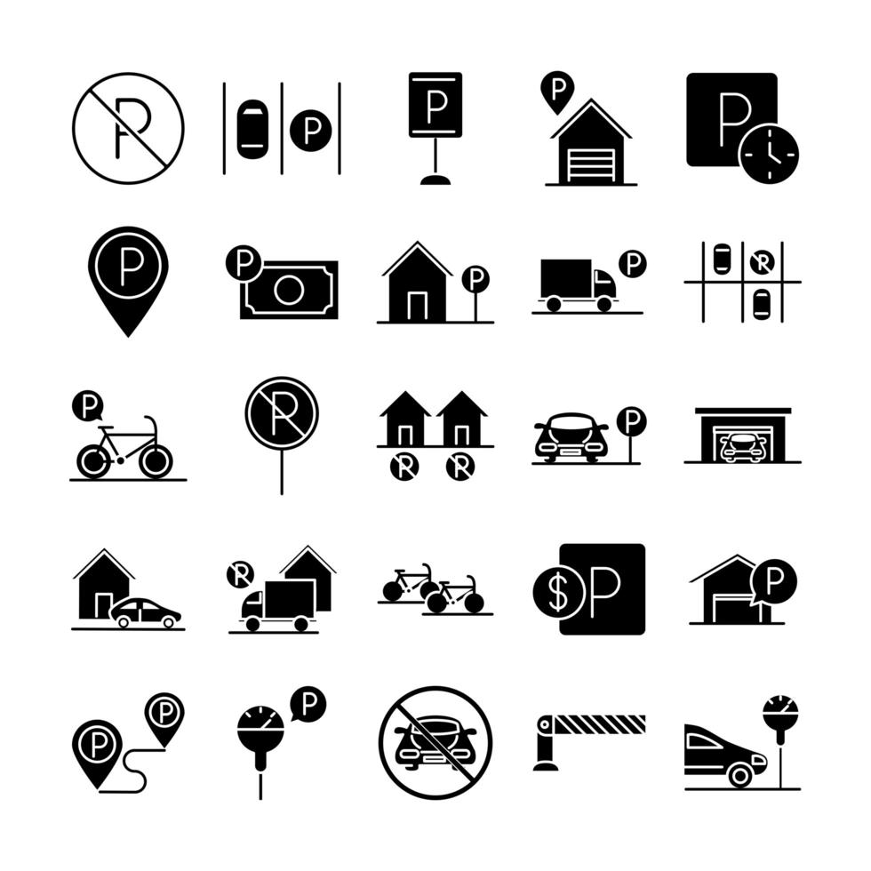 design set di icone di stile di linea di affari di trasporto di parcheggio vettore