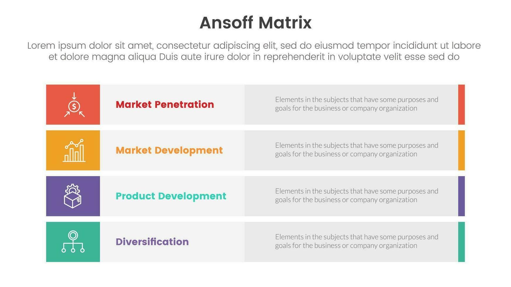 ansoff matrice struttura crescita iniziative concetto con per Infografica modello bandiera con lungo scatola rettangolo il giro quattro punto elenco informazione vettore