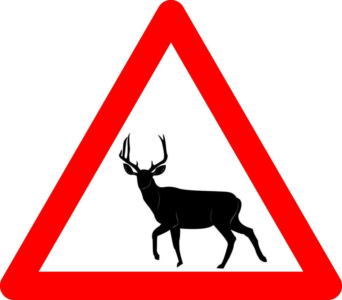 cervo cartello. avvertimento cartello cervo su il strada. rosso triangolo cartello con cervo silhouette dentro. attenzione selvaggio foresta animali siamo probabile per essere su il strada avanti. strada cartello. vettore