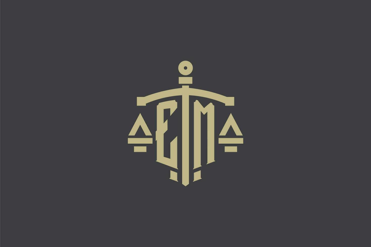 lettera em logo per legge ufficio e procuratore con creativo scala e spada icona design vettore