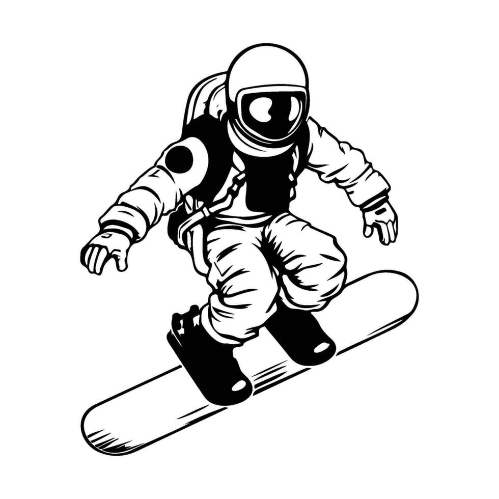 astronauta su snowboarder nel spazio, astronauta su un' fare surf tavola cartone animato vettore
