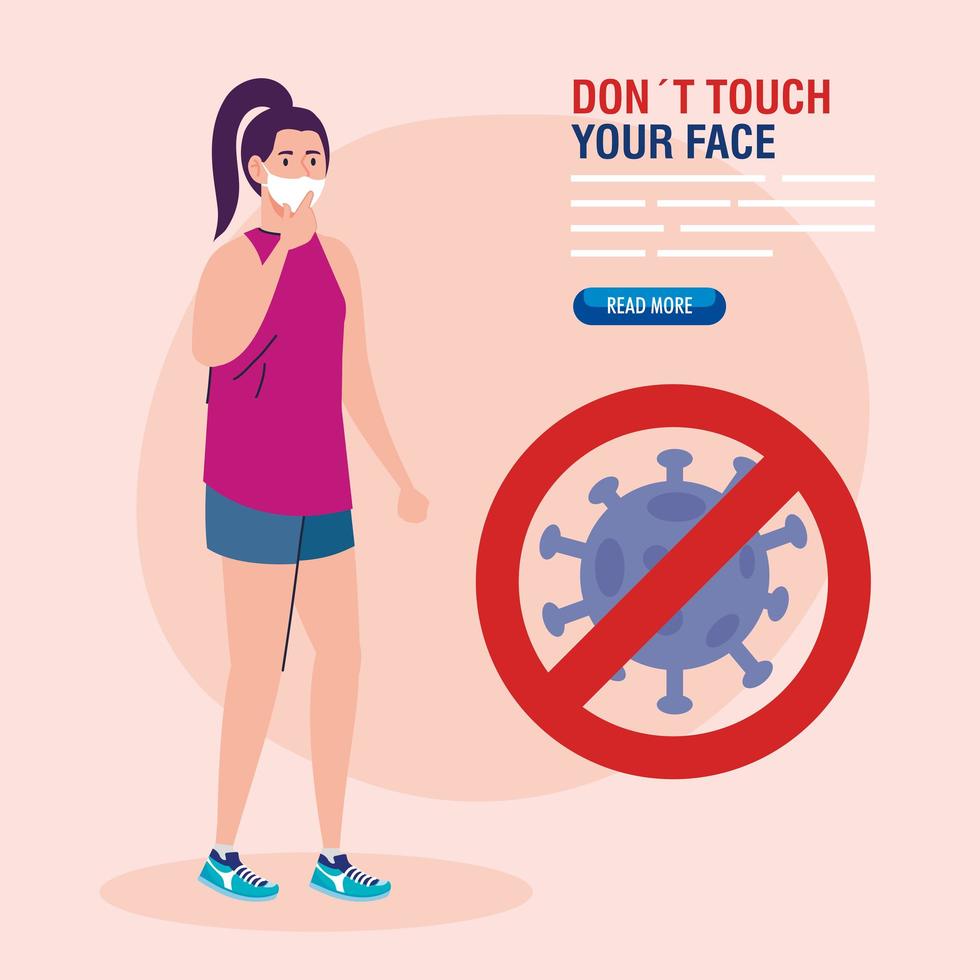 non toccarti il viso, la donna che indossa la maschera facciale e la particella di coronavirus in segnale proibito, evita di toccarti il viso, prevenzione del coronavirus covid19 vettore