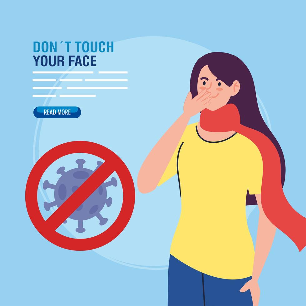 non toccarti il viso, giovane donna che indossa maschera facciale e particella di coronavirus in segnale proibito, evita di toccarti il viso, prevenzione del coronavirus covid19 vettore