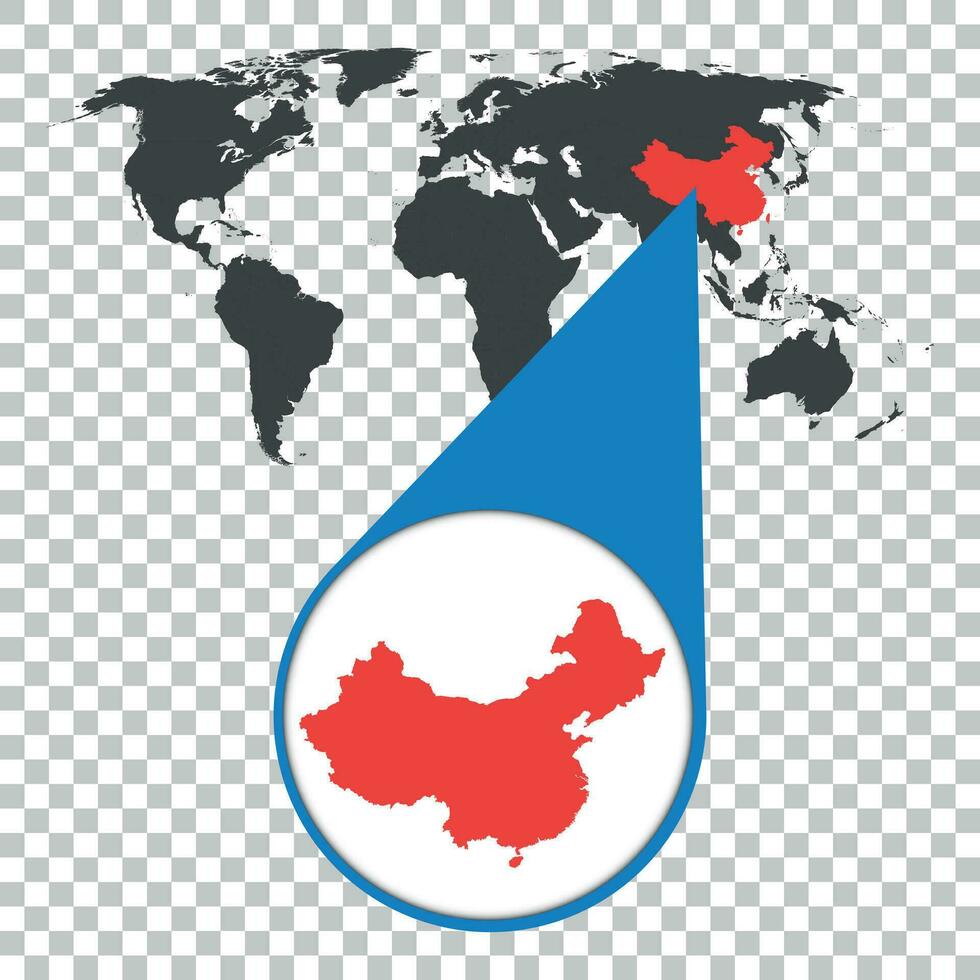 mondo carta geografica con Ingrandisci su Cina. carta geografica nel lente di ingrandimento. vettore illustrazione nel piatto stile
