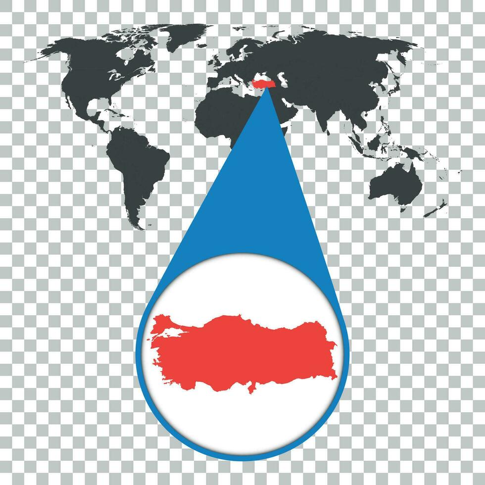 mondo carta geografica con Ingrandisci su tacchino. carta geografica nel lente di ingrandimento. vettore illustrazione nel piatto stile