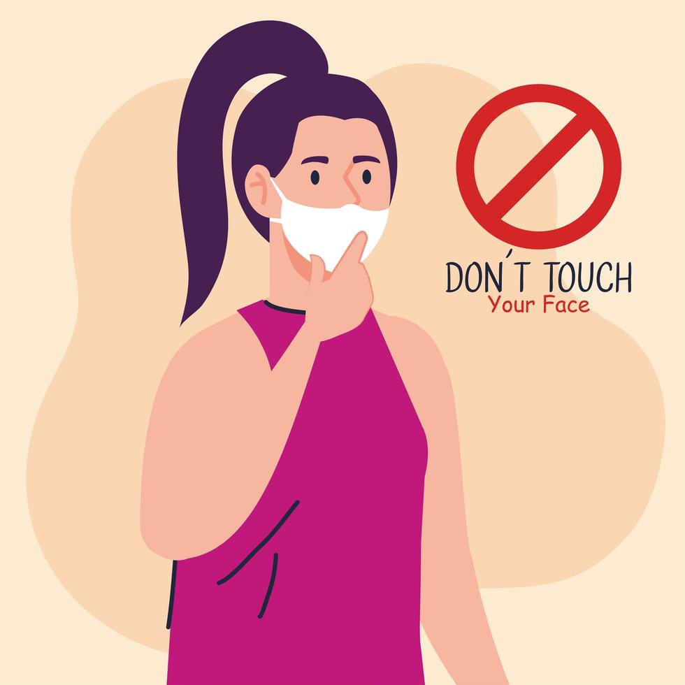 non toccarti il viso, giovane donna che indossa la maschera facciale, evita di toccarti il viso, prevenzione del coronavirus covid19 vettore