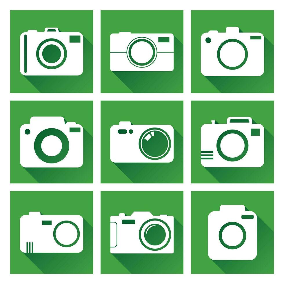 telecamera icona impostato su verde sfondo con lungo ombra. vettore illustrazione nel piatto stile con fotografia icone.