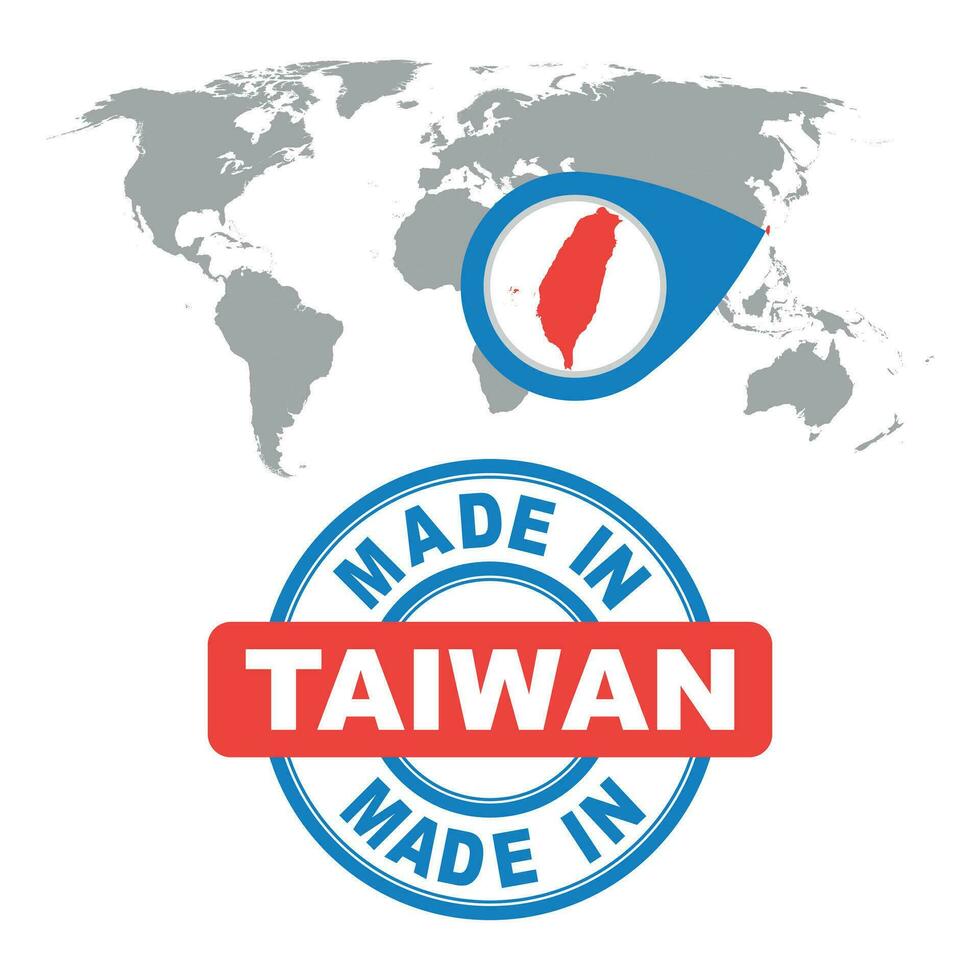 fatto nel Taiwan francobollo. mondo carta geografica con rosso nazione. vettore emblema nel piatto stile su bianca sfondo.