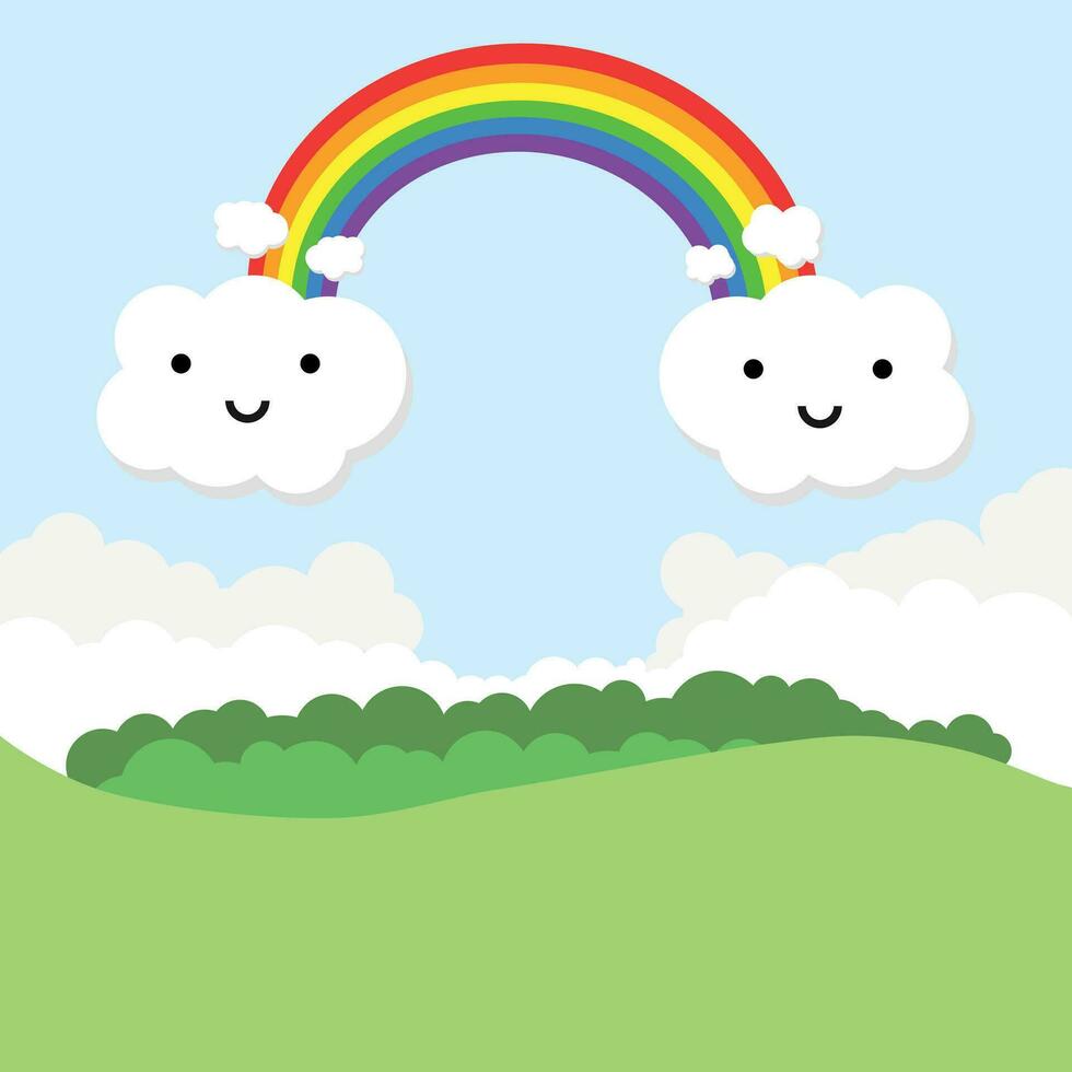 paesaggio con arcobaleno e divertente nuvole. vettore illustrazione