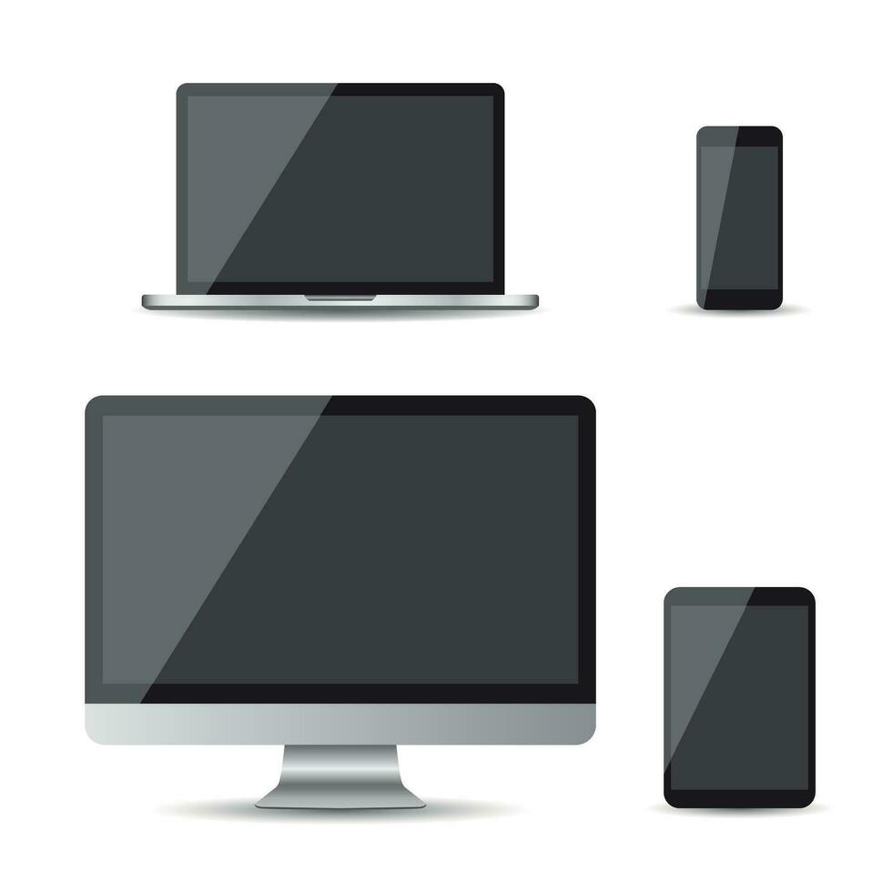 realistico dispositivo piatto icone smartphone, tavoletta, il computer portatile e del desktop computer. vettore illustrazione su bianca sfondo