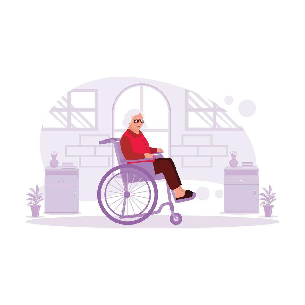 ritratto di un più vecchio donna seduta nel un' sedia a rotelle nel un' Casa felicemente. tendenza moderno vettore piatto illustrazione.