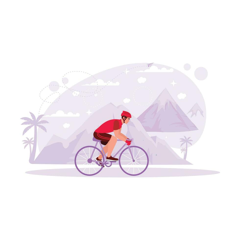ritratto di un atleta ciclista su un' traccia con un' montagna Visualizza, pedalare un' bicicletta a alto velocità nel un' Ciclismo concorrenza. tendenza moderno vettore piatto illustrazione.