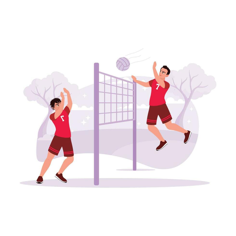 Due pallavolo Giocatori erano giocando professionalmente nel un' gioco. tendenza moderno vettore piatto illustrazione.