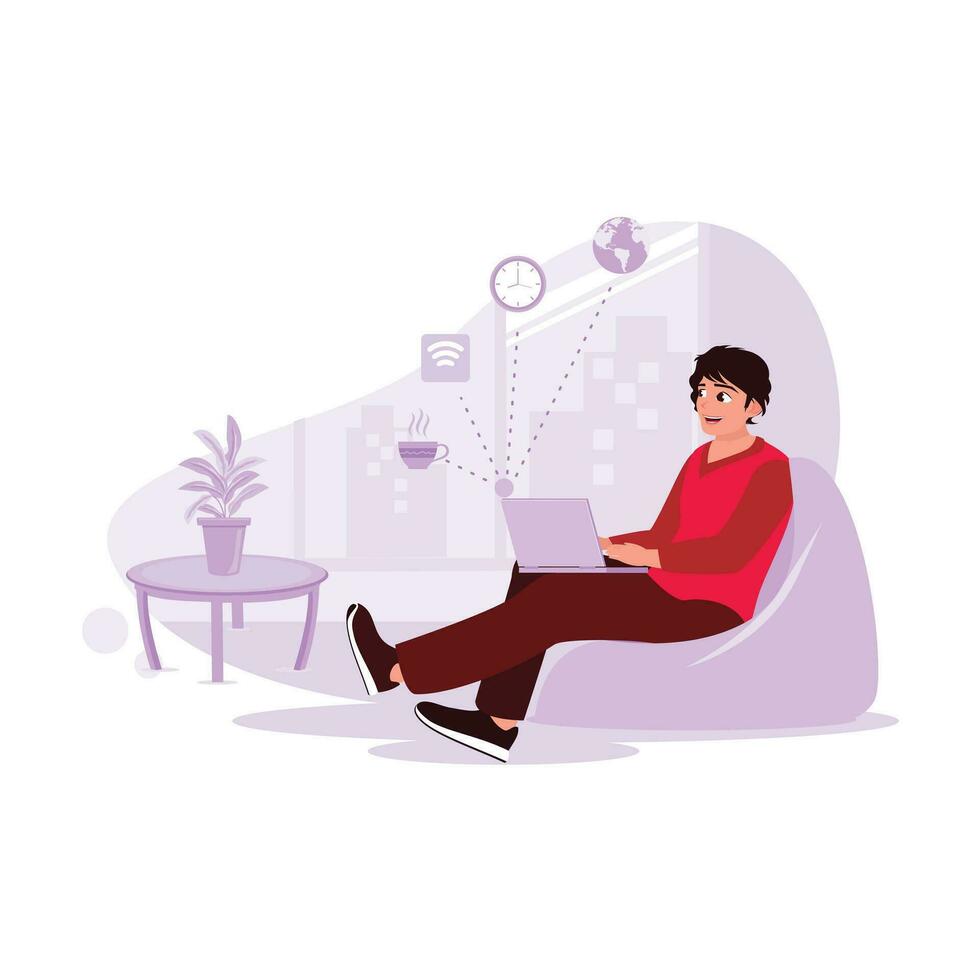 maschio libero professionista seduta casualmente su il divano, analizzando dati attraverso il computer portatile con 4g Internet Wi-Fi connessione. tendenza moderno vettore piatto illustrazione.