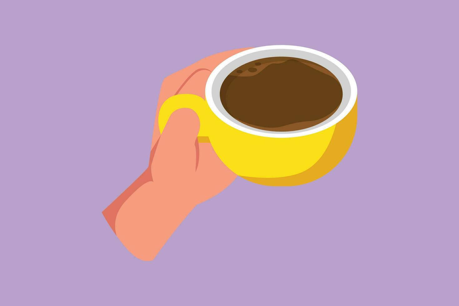 personaggio piatto disegno stilizzato mano hold tazza di caffè vapore leggero lampadina. lavoratore volere per bevanda caffè prima opera. contento rompere mattina tempo a ufficio. nero caffè. cartone animato design vettore illustrazione