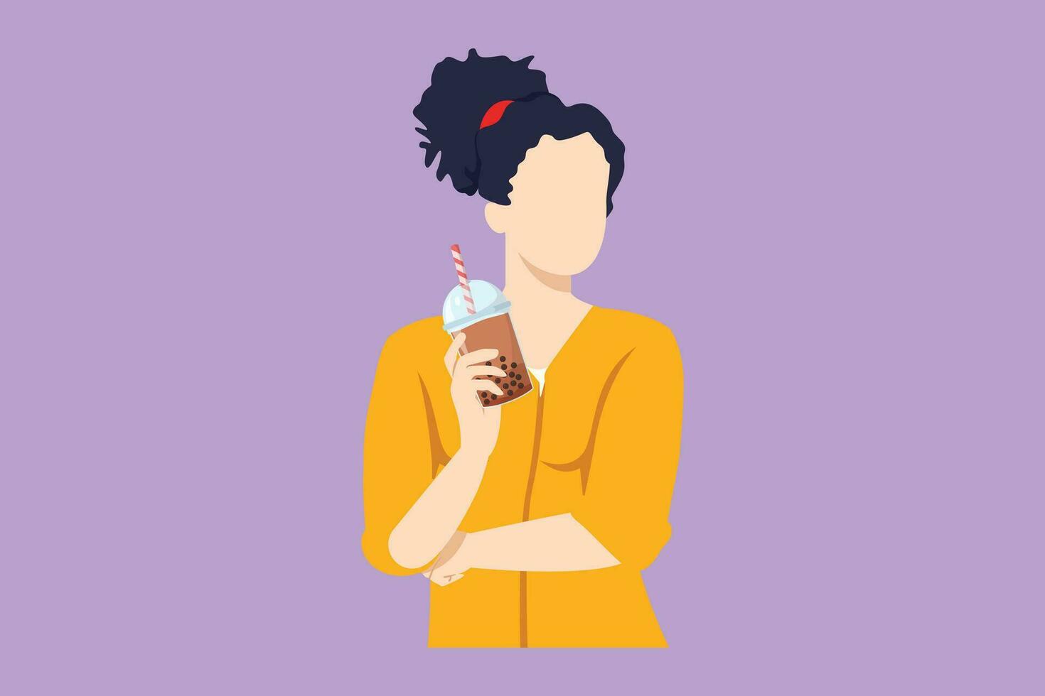 personaggio piatto disegno contento giovane asiatico donna potabile boba latte Tè, bolla latte bere, perla latte tè. tapioca Tè, asiatico esotico bevanda concetto, logo, simbolo. cartone animato design vettore illustrazione