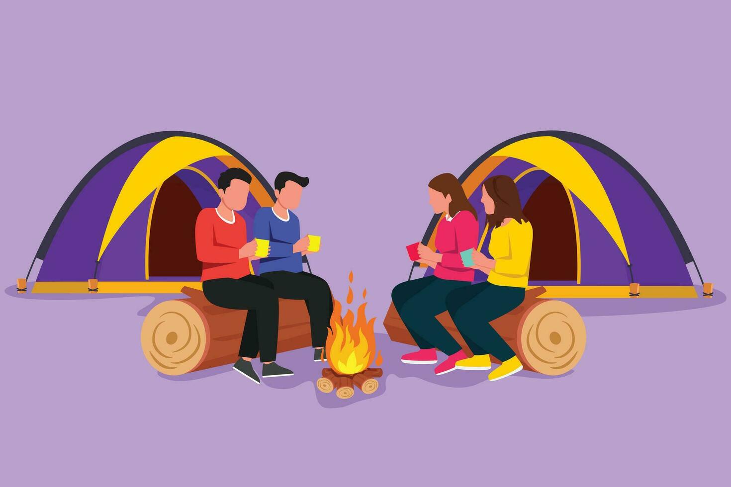 personaggio piatto disegno di contento Due paio uomo e donna ottenere caldo vicino falò. gruppo di persone campeggio potabile caldo tè o caffè e seduta su logs nel foresta. cartone animato design vettore illustrazione