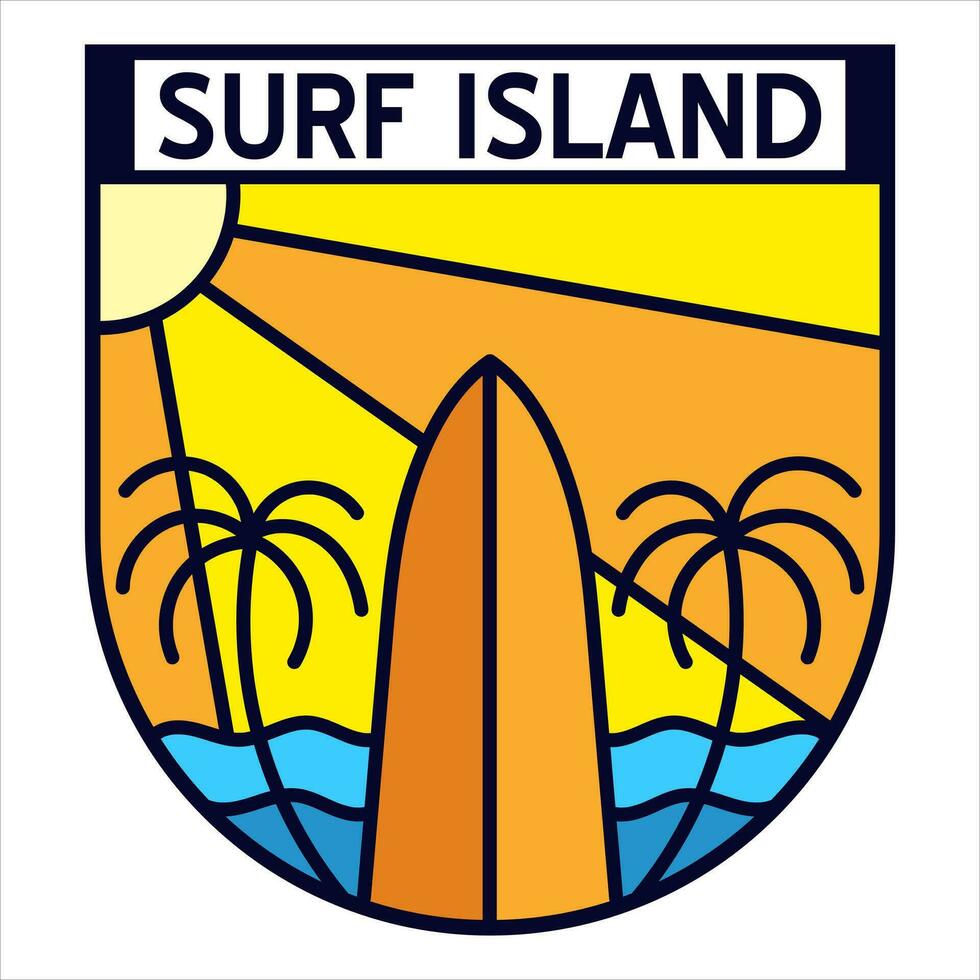 Surf isola avventura distintivo per maglietta disegni capi di abbigliamento e logo marca, estate tropicale spiaggia natura logo cartello illustrazione vettore