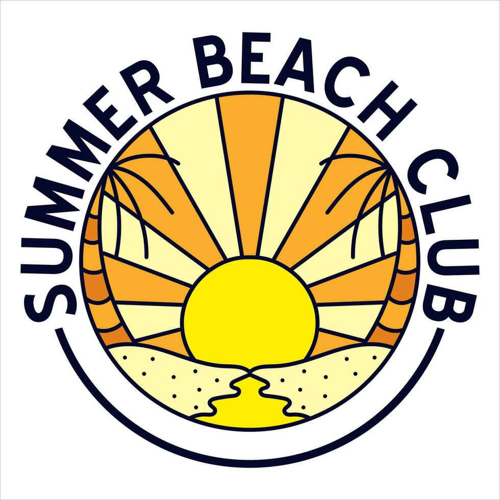 estate spiaggia club avventura distintivo t per maglietta disegni capi di abbigliamento e logo marca, estate tropicale spiaggia natura logo cartello illustrazione vettore