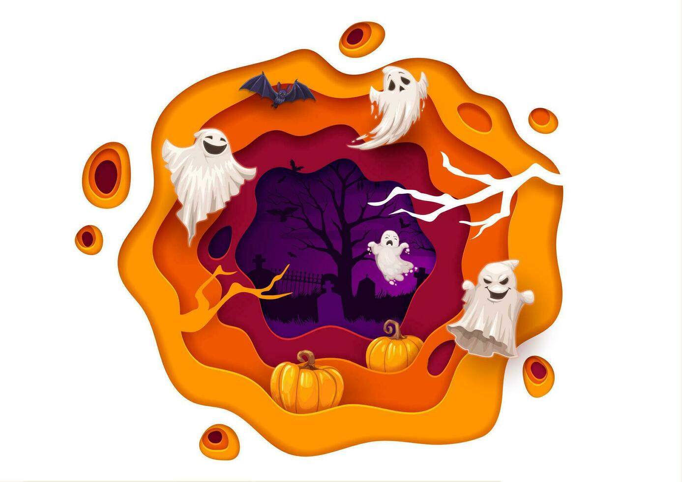 Halloween carta tagliare volante cartone animato divertente fantasmi vettore