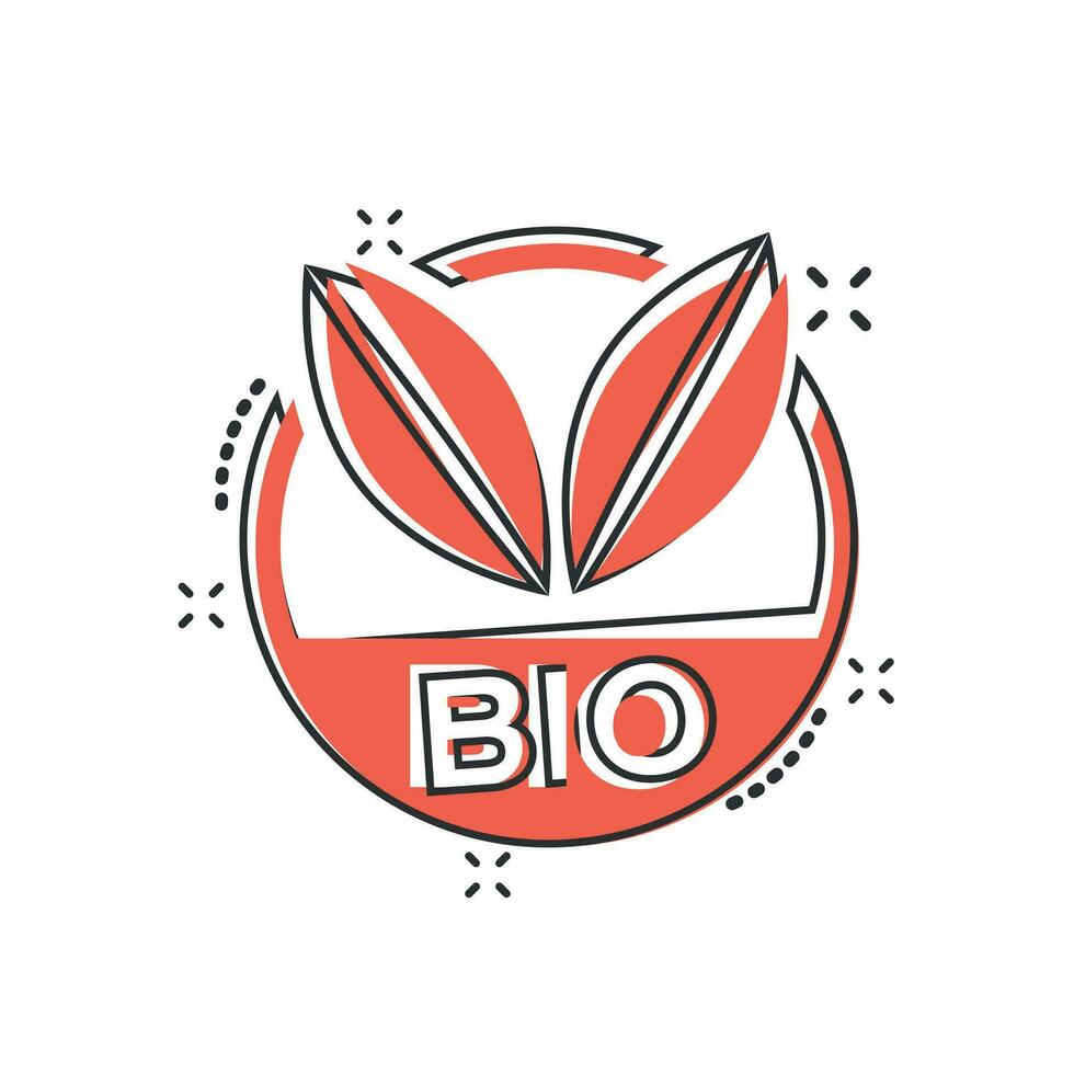 vettore cartone animato bio etichetta distintivo icona nel comico stile. eco biologico Prodotto francobollo concetto illustrazione pittogramma. eco naturale cibo attività commerciale spruzzo effetto concetto.