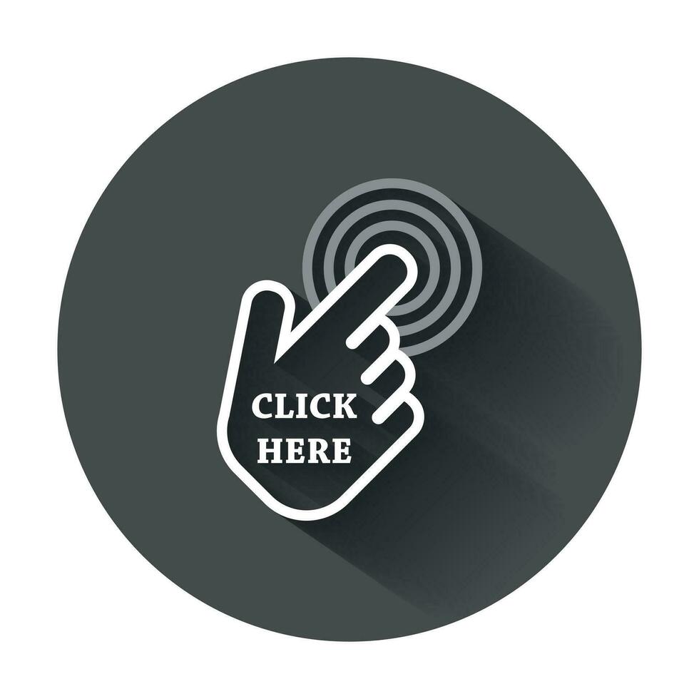 clic Qui icona. mano cursore segni. nero pulsante piatto vettore illustrazione con lungo ombra.