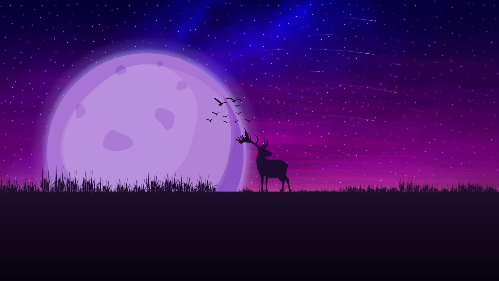 paesaggio viola notturno con una grande luna all'orizzonte, cielo stellato, meteoriti che cadono e la sagoma di un cervo all'orizzonte vettore