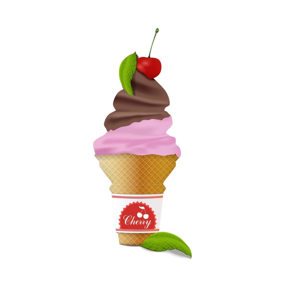 gelato al cioccolato con una ciliegia e foglie di menta in stile cartone animato isolato su sfondo bianco vettore