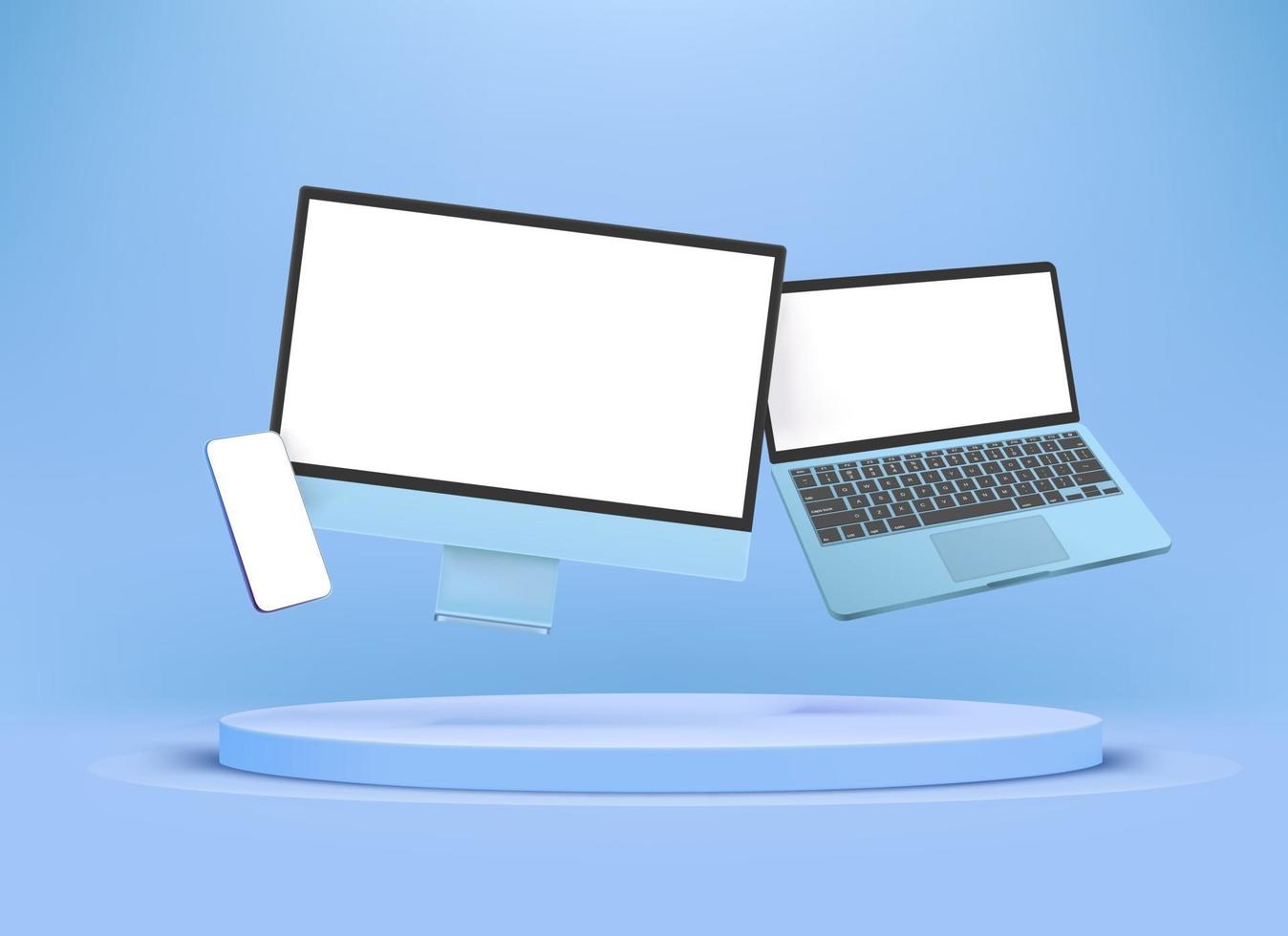 moderno smartphone blu, laptop e computer desktop con schermi vuoti. effetto levitazione vettore