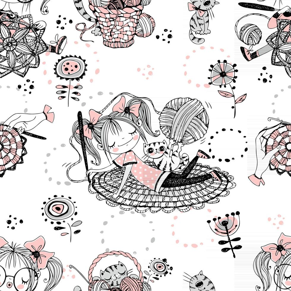 ragazze carine ricamatrici all'uncinetto. seamless pattern.vektoryu vettore