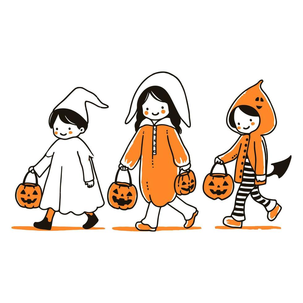 bambini trucco - o - trattamento nel fatti in casa costumi su un' croccante Halloween notte. vettore illustrazione.