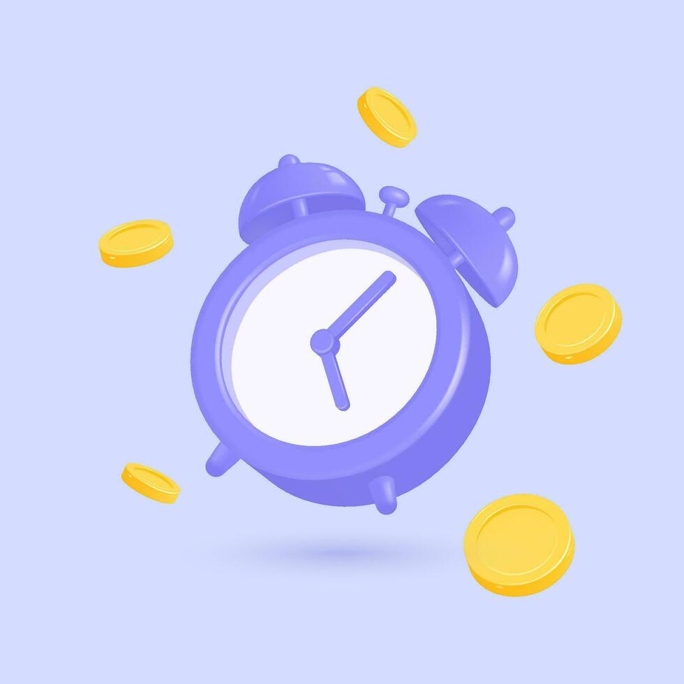 3d allarme orologio e oro monete nel un' realistico stile. i soldi investimento concetto, prestiti, reddito e finanziario risparmio, veloce i soldi. vettore illustrazione