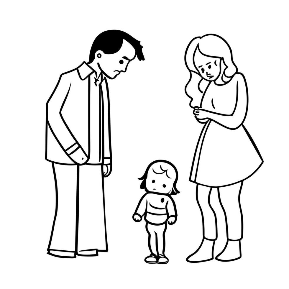 separazione di genitori con triste bambino, vettore illustrazione linea arte