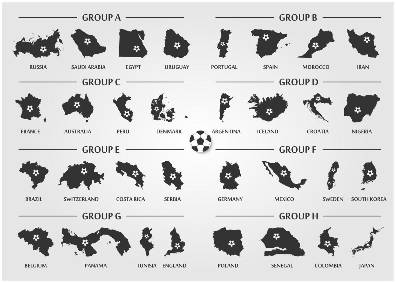 set di gruppi di squadre di calcio o di calcio. mappa del paese silhouette con palla. vettore per il torneo internazionale del campionato mondiale 2018.