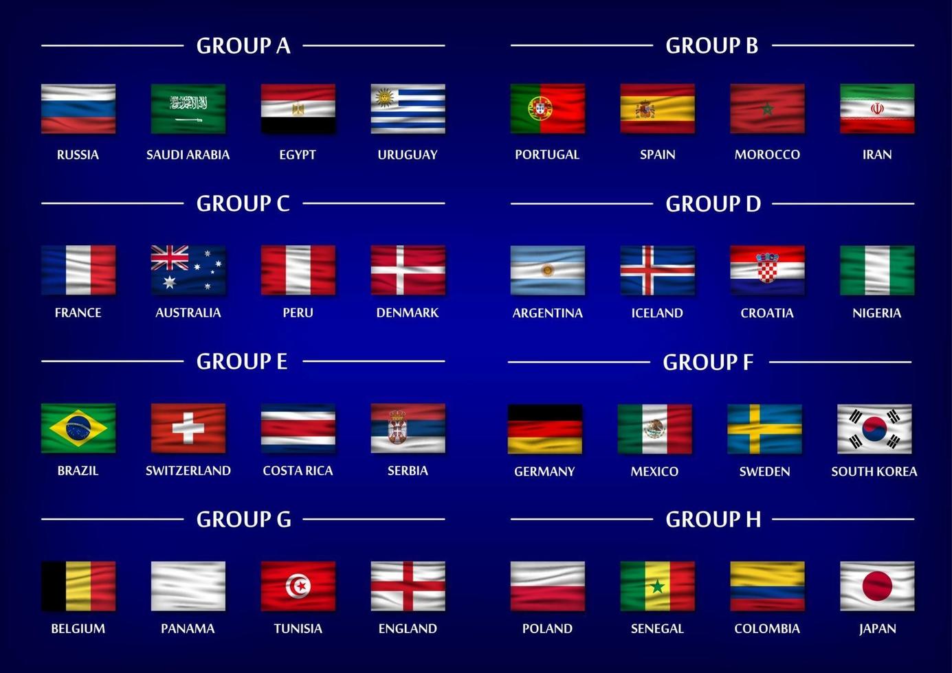 insieme del gruppo della squadra della tazza di calcio. bandiere nazionali ondulate realistiche su sfondo di colore blu sfumato. vettore per il torneo internazionale del campionato mondiale 2018.