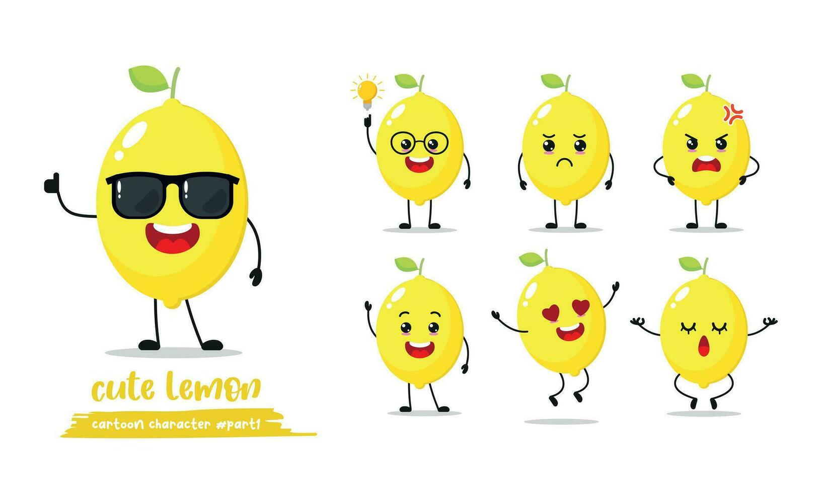 carino giallo contento Limone indossare occhiali da sole carattere. divertente frutta emoticon nel piatto stile. diverso viso espressione emoji vettore illustrazione. salutare vegetariano cibo