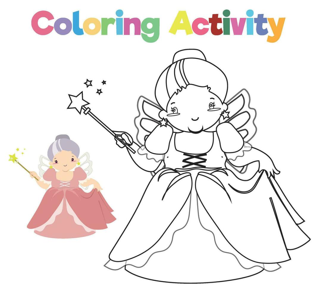 colorazione attività per bambini. colorazione Fata racconto medievale regno. vettore file.