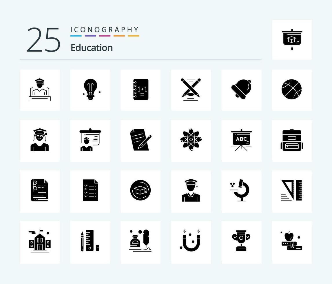formazione scolastica 25 solido glifo icona imballare Compreso pallacanestro. campana. taccuino. allarme. matita vettore