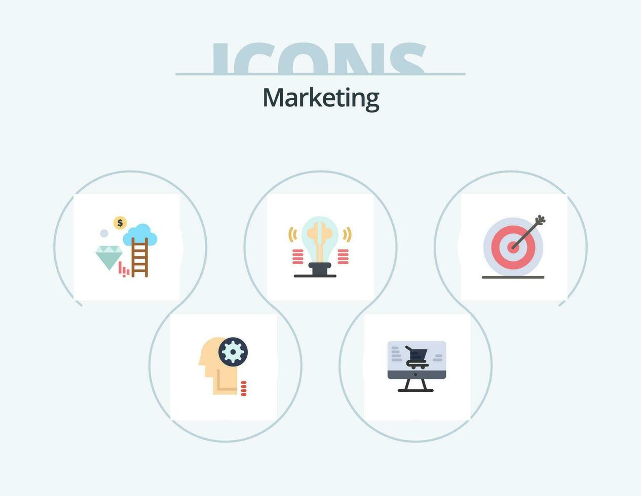 marketing piatto icona imballare 5 icona design. obiettivo. immaginazione. nube. idea. lampadina vettore