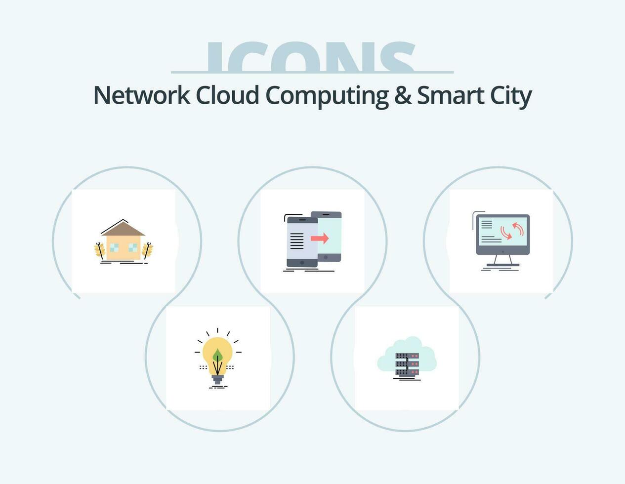 Rete nube calcolo e inteligente città piatto icona imballare 5 icona design. sincronizzare. dati. dati. agricoltura. ecologia vettore
