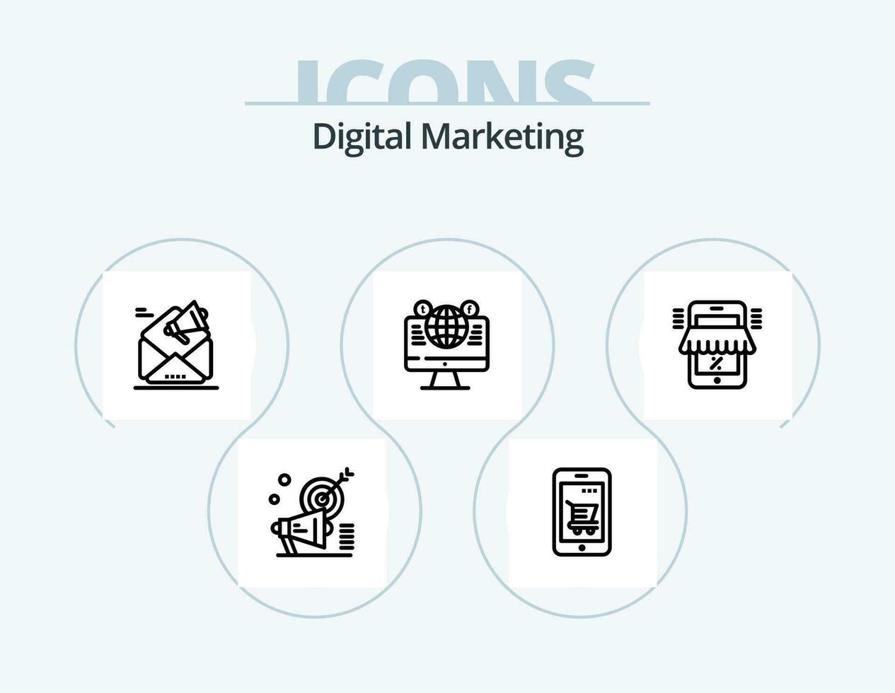 digitale marketing linea icona imballare 5 icona design. i saldi. analitica. megafono. nastro. distintivo vettore
